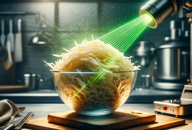 Eine Schüssel mit Sauerkraut wird von einem grünen Laser bestrahlt