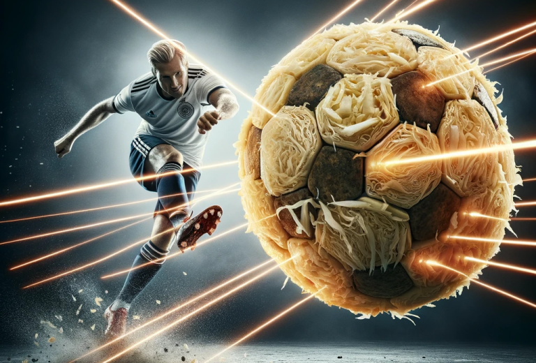 Ein Fußball aus Sauerkraut aus dem Laserstrahlen herausströmen. Im Hintergrund ist ein Fußballspieler der den Fußall geschossen hat